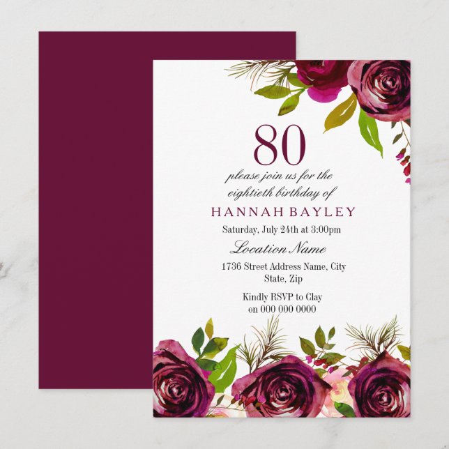 Invitación de cumpleaños 80 de Burgundy Marsala Fl (Anverso / Reverso)