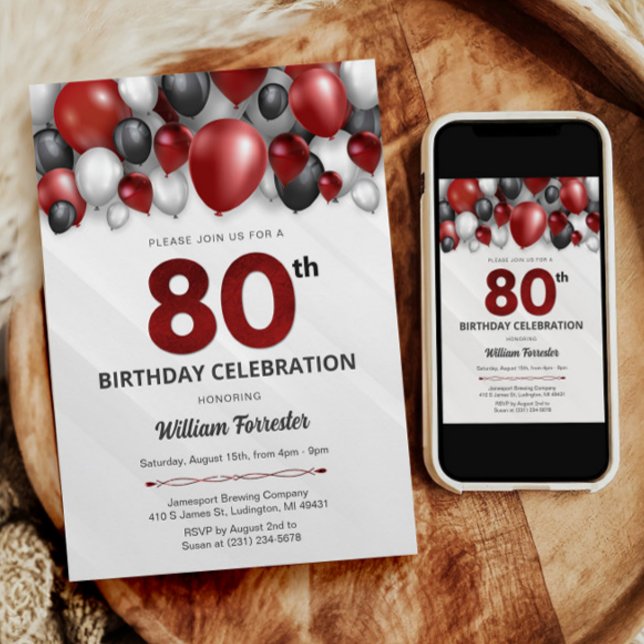 Invitación de cumpleaños 80 de color blanco y negr (Black Red Silver & White 80th Birthday Invitation)