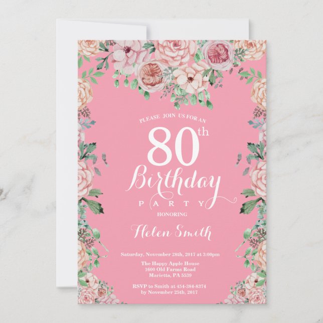 Invitación de cumpleaños 80 de Floral Pink Peonies (Anverso)