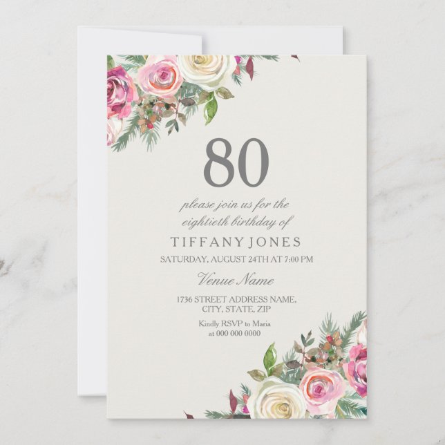 Invitación de cumpleaños 80 de Floral rosa y blanc (Anverso)