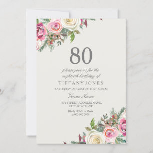 Invitación de cumpleaños 80 de Floral rosa y blanc
