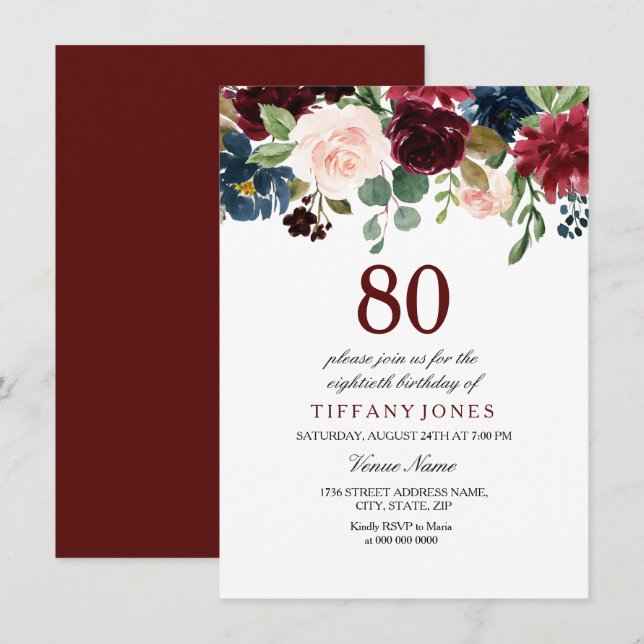 Invitación de cumpleaños 80 de Flores de Borgoña V (Anverso / Reverso)