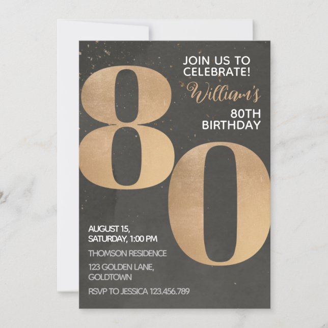 Invitación de cumpleaños 80 de Gold Black (Anverso)