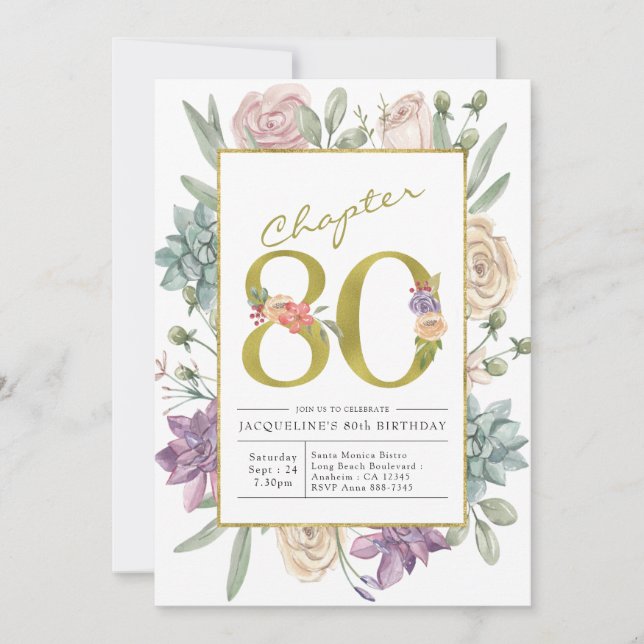 Invitación de cumpleaños 80 de Gold Floral (Anverso)