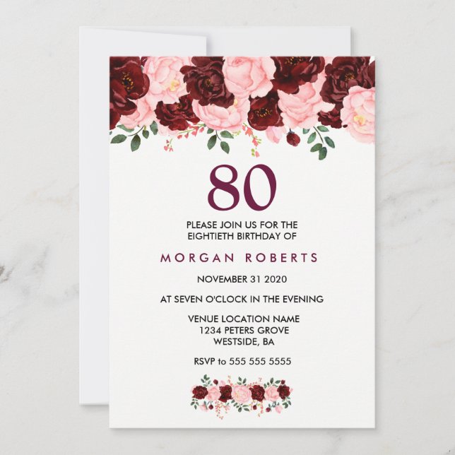 Invitación de cumpleaños 80 de las flores de borgo (Anverso)