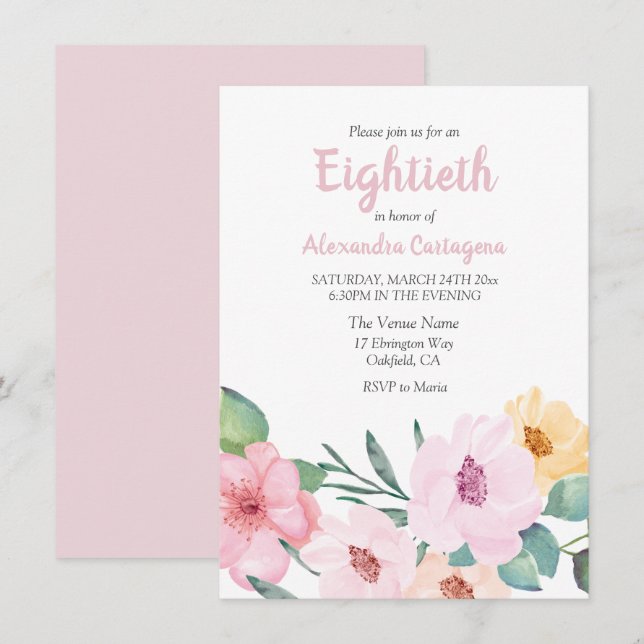 Invitación de cumpleaños 80 de las flores rosadas  (Anverso / Reverso)