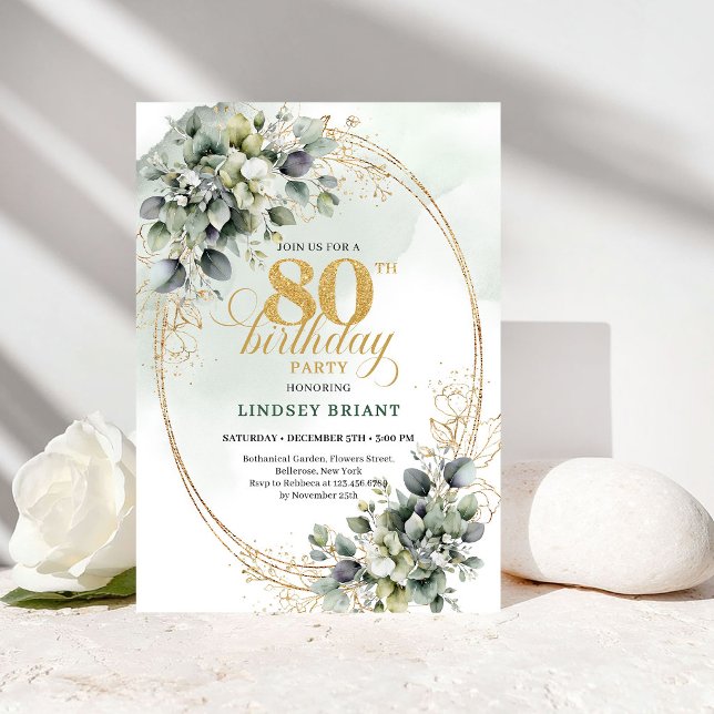 Invitación de cumpleaños 80 de lujo botánico eucal (Luxury Botanical Eucalyptus 80th Birthday Invite)