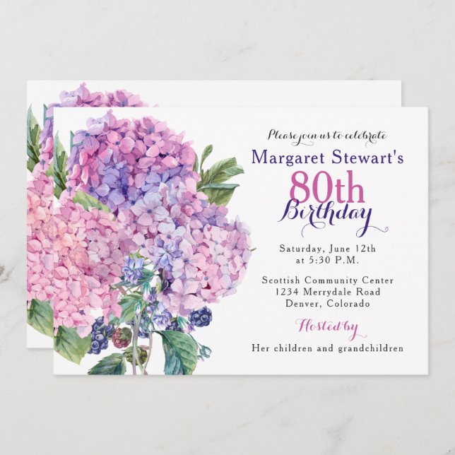Invitación de cumpleaños 80 de Pink Hydrangea Flor (Anverso / Reverso)