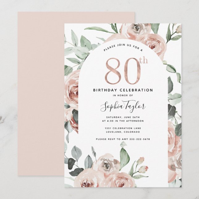 Invitación de cumpleaños 80 de Rosa Gold Pink (Anverso / Reverso)
