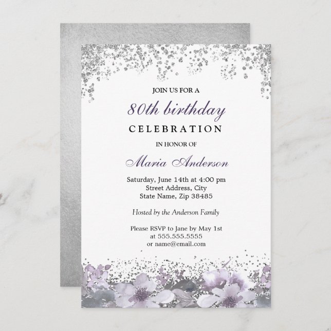 Invitación de cumpleaños 80 de Silver Purpurina Pu (Anverso / Reverso)