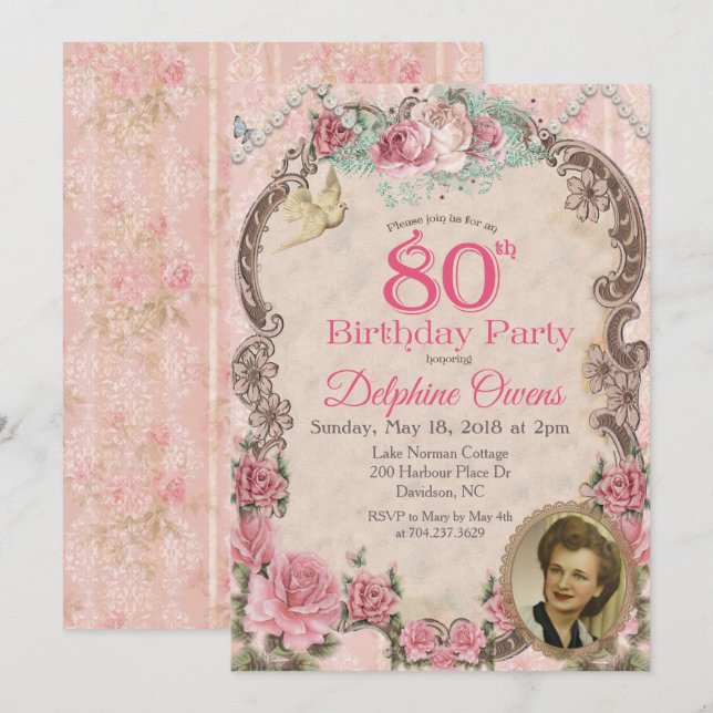 Invitación de cumpleaños 80 de Vintage Floral (Anverso / Reverso)