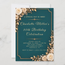 Invitación de cumpleaños 80 Deep Teal Ivory Roses