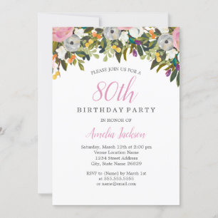 Invitación de cumpleaños 80 del Pink floral modern