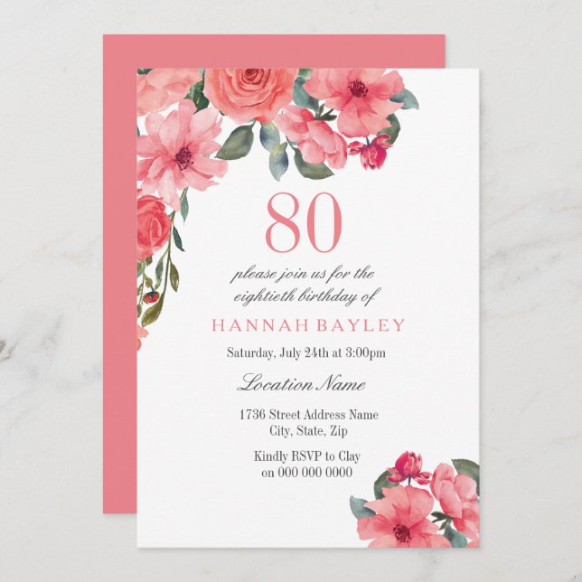 Invitación de cumpleaños 80 del Salmon Pink & Peac (Anverso / Reverso)