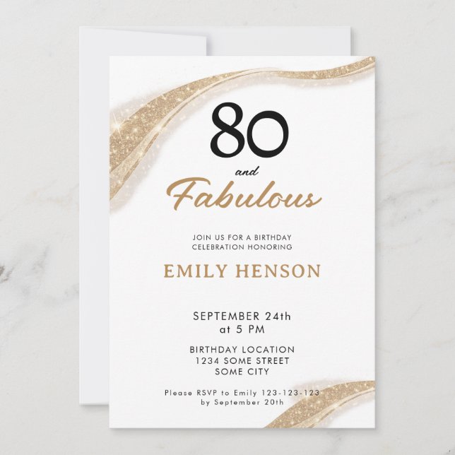 Invitación de cumpleaños 80 dorada y fabulosa (Anverso)