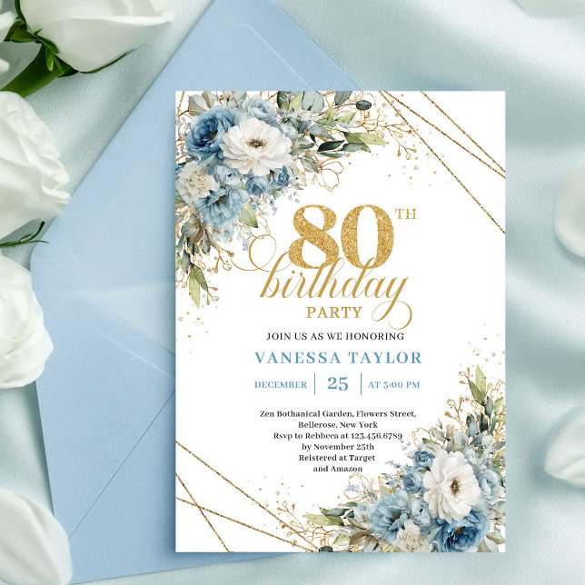 Invitación de cumpleaños 80 elegante azul polvorie (Elegant Dusty Blue Floral Gold 80th Birthday InviteCard

)