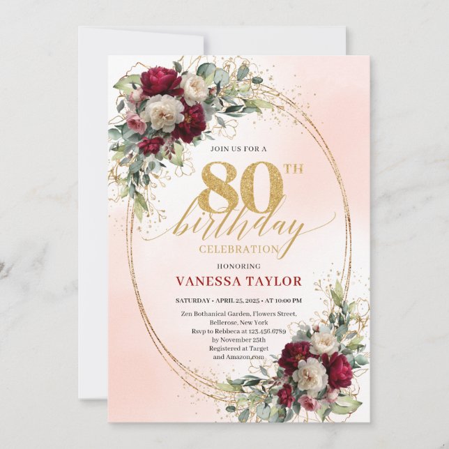 Invitación de cumpleaños 80 elegante Boho Borgoña  (Anverso)