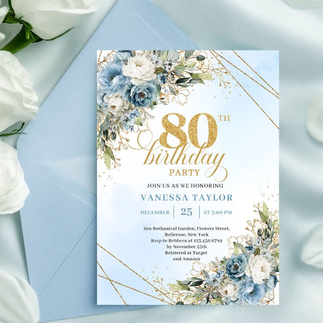 Invitación de cumpleaños 80 elegante con flores bo (Graceful 80th Birthday Invitation Bohemian Flowers Gold)