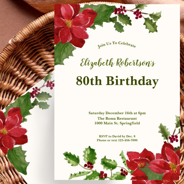 Invitación de cumpleaños 80 elegante con flores y  (Subido por el creador)