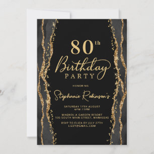 Invitación de cumpleaños 80 elegante en ágata negr