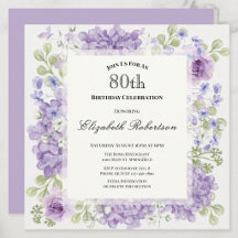 Invitación de cumpleaños 80 elegante flores púrpur