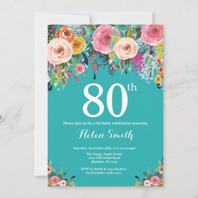Invitación de cumpleaños 80 en floral turquesa (Anverso)