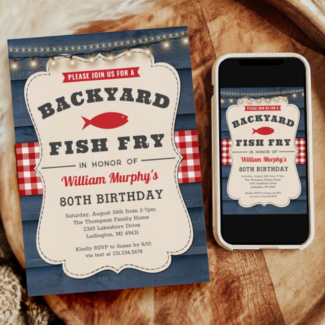 Invitación de cumpleaños 80 Fish Fry Fry (Backyard Fish Fry 80th Birthday Invitation)