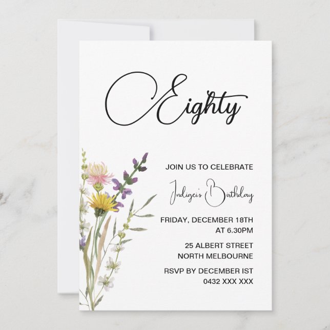 Invitación de cumpleaños 80 floral (Anverso)