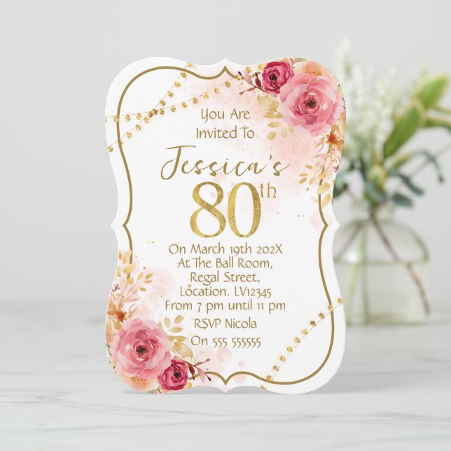 Invitación de cumpleaños 80 floral (Anverso de pie)