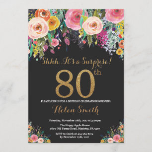 Invitación de cumpleaños 80 Floral Sorpresa Dorado