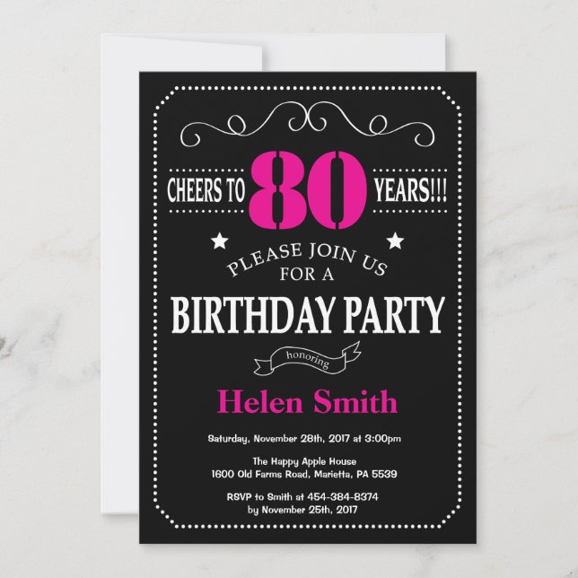 Invitación de cumpleaños 80 Hot Pink Black Pizarra (Anverso)