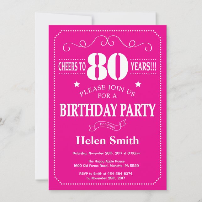 Invitación de cumpleaños 80 Hot Pink y Blanco (Anverso)