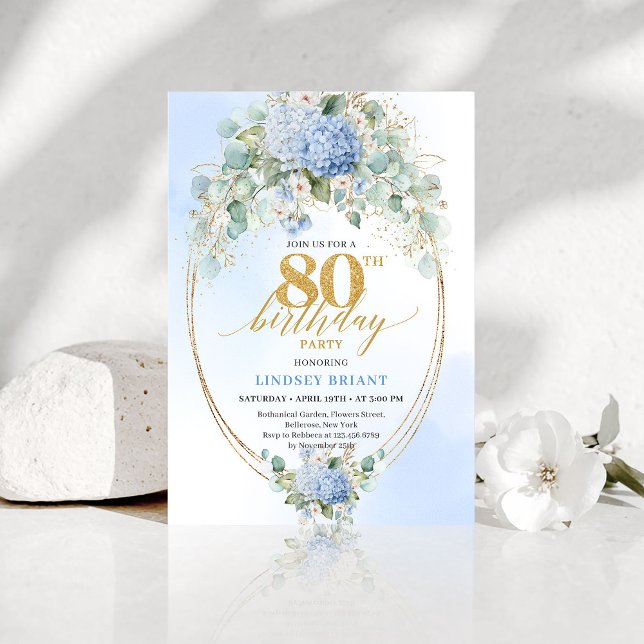 Invitación de cumpleaños 80 Luxury Blue Hydrangea  (Luxury Blue Hydrangea Floral 80th Birthday Invitation)