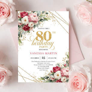 Invitación de cumpleaños 80 Modernas Flores Rosada
