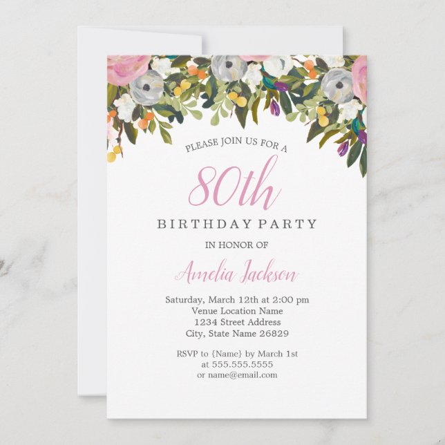 Invitación de cumpleaños 80 moderno floral rosa (Anverso)