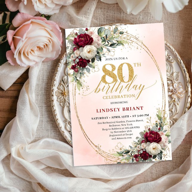Invitación de cumpleaños 80 Modernos Flores Boho d (Modern Burgundy Boho Flowers 80th Birthday Invite)