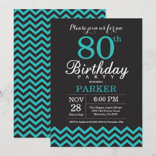 Invitación de cumpleaños 80 negro y teal