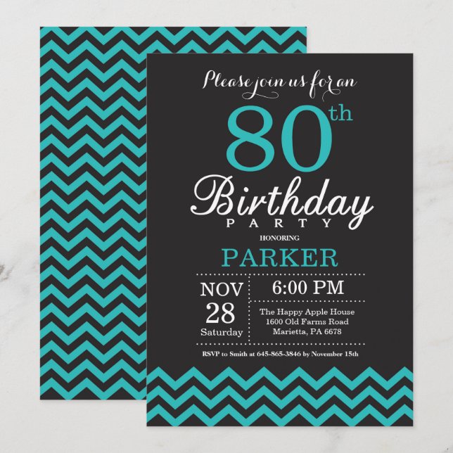 Invitación de cumpleaños 80 negro y teal (Anverso / Reverso)