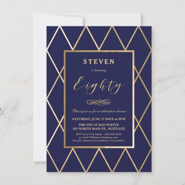 Invitación de cumpleaños 80 - Oro, elegante, marin (Anverso)