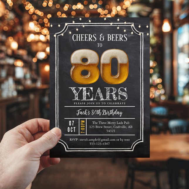 Invitación de cumpleaños 80 para hombres Cheers &  (80th birthday invite, cheers and beers)