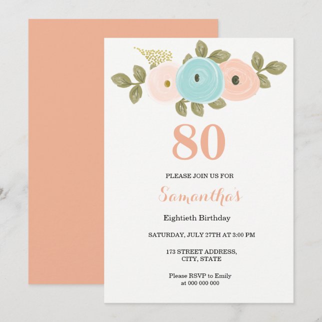 Invitación de cumpleaños 80 Peach de Bonito floral (Anverso / Reverso)