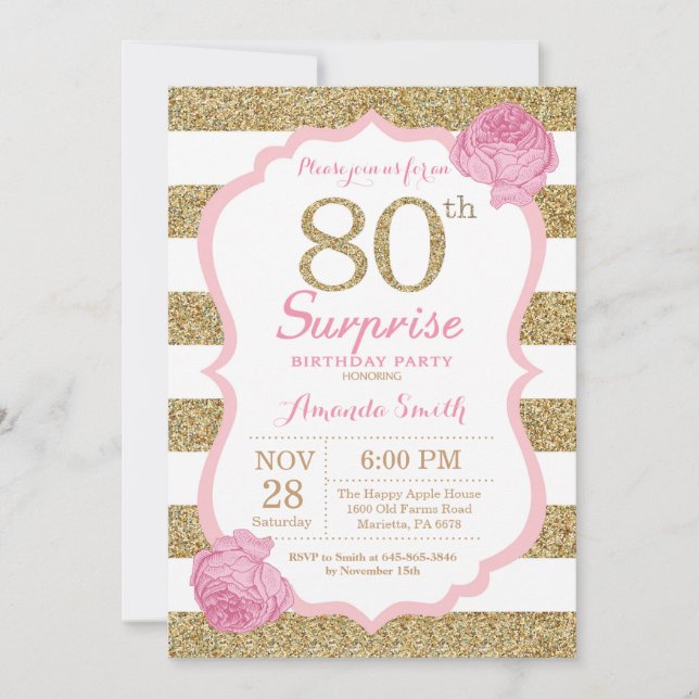 Invitación de cumpleaños 80 por sorpresa rosa y or (Anverso)