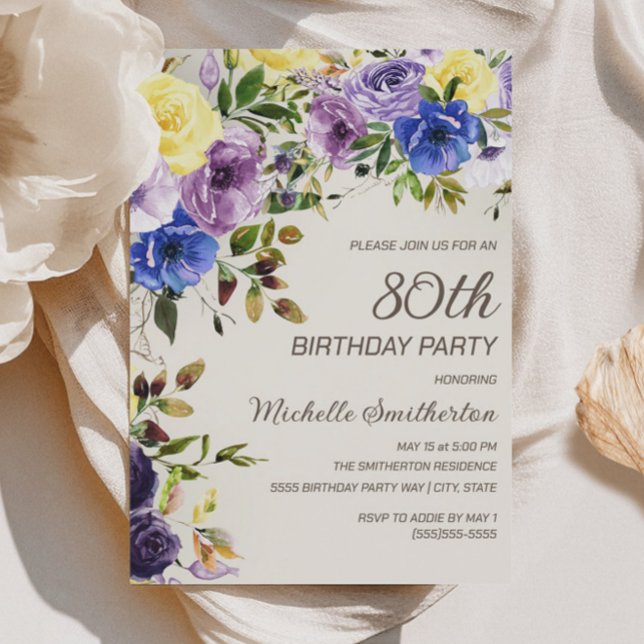 Invitación de cumpleaños 80 Purple Yellow Watercol (Purple and yellow watercolor floral 80th birthday party invitation)