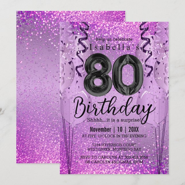 Invitación de cumpleaños 80 Purpurina morado y ros (Anverso / Reverso)