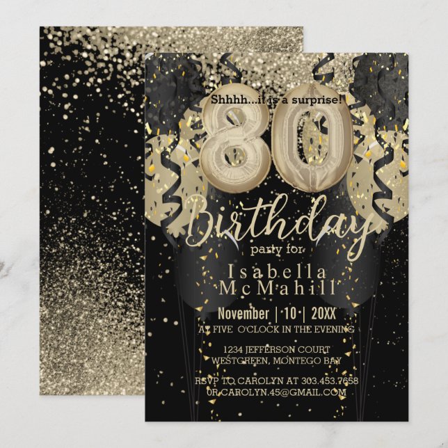 Invitación de cumpleaños 80 Purpurinas de oro y ne (Anverso / Reverso)