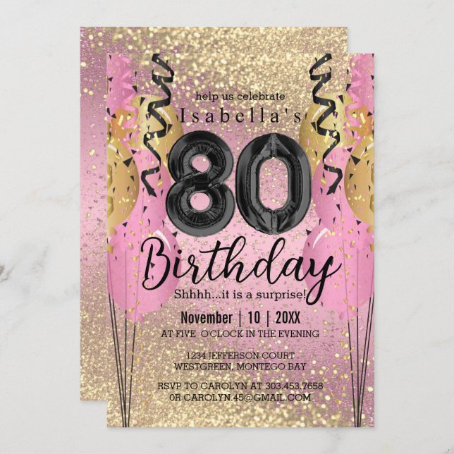 Invitación de cumpleaños 80 Purpurinas rosados y d (Anverso / Reverso)