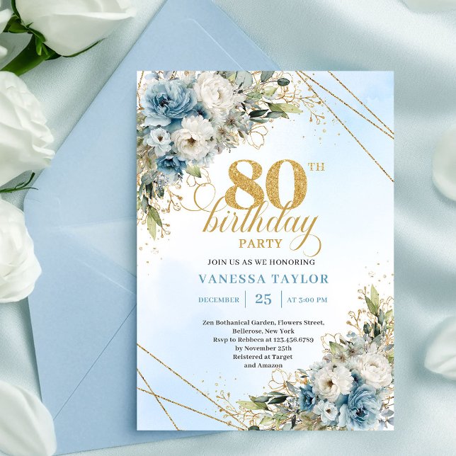 Invitación de cumpleaños 80 Refined Dusty Blue Flo (Refined Dusty Blue Floral Gold 80th Birthday Invite Set

)