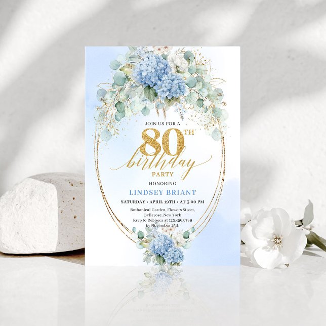 Invitación de cumpleaños 80 Romantic Blue Garden F (Romantic Blue Garden Floral 80th Birthday Invite)