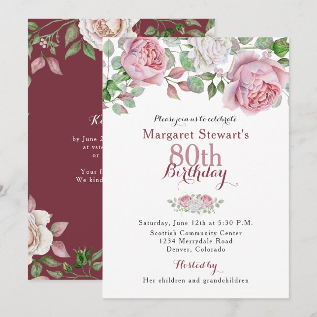 Invitación de cumpleaños 80 Rosa de un país rosa d (Anverso / Reverso)