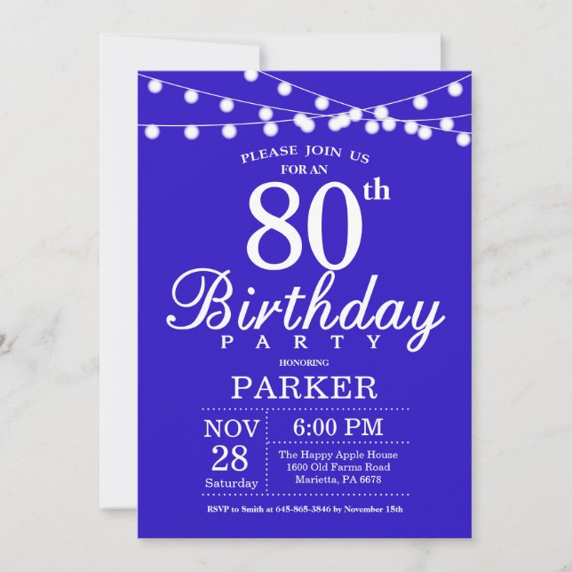 Invitación de cumpleaños 80 Royal Blue (Anverso)